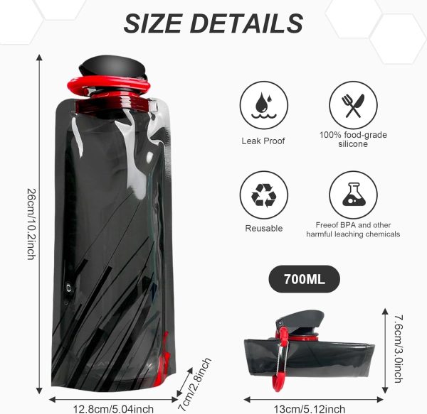 4 Pack 700 ml Collapsible Water Bottle,Portable Leakproof Bag for Drinking Foldable Flat Water Bottles for Camping Traveling Biking Hiking - Image 2